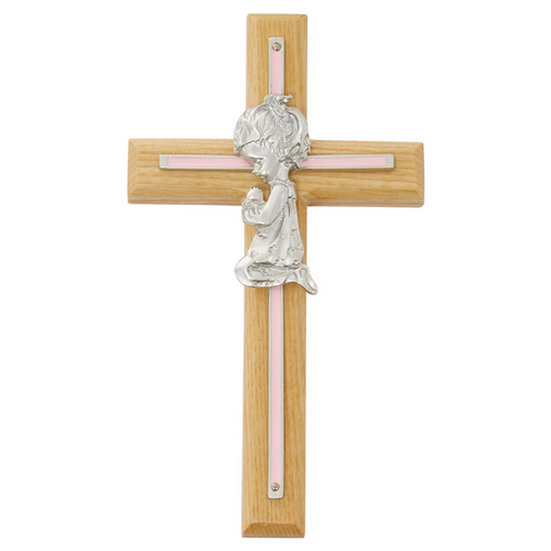 Cross - 7in Oak with Baby Pink Girl Praying Cross Boxed