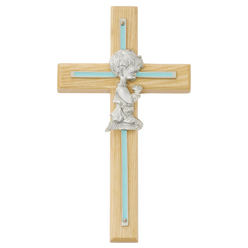 Cross - 7in Oak with Blue Baby Boy Praying Cross Boxed