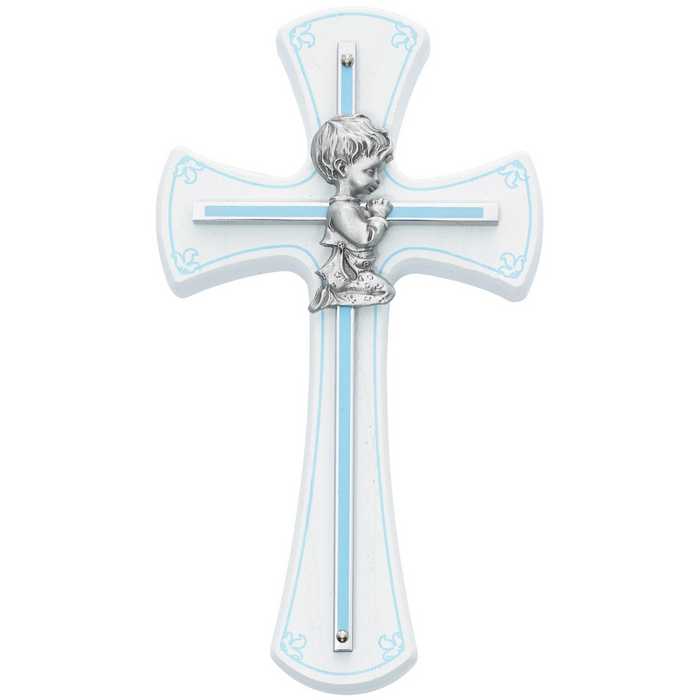 Cross - 7in White and Blue Baby Boy Praying Cross