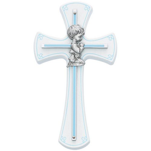 Cross - 7in White and Blue Baby Boy Praying Cross
