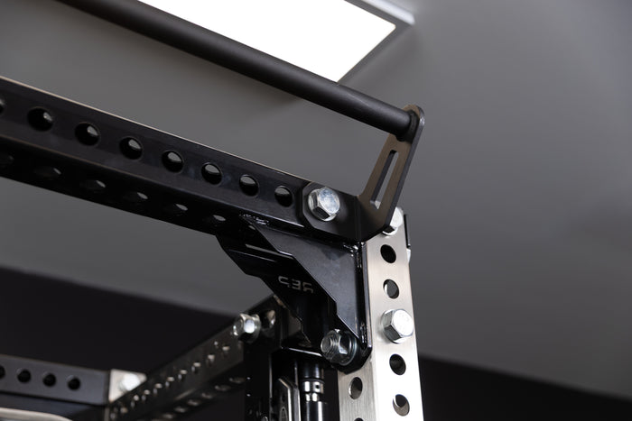 Close-up of the REP Fitness Crossmember Pull-Up Bar on the front of a PR-5000 rack