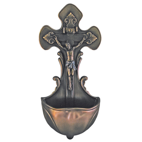 Crucifixion Holy Water Font – 7.5" | Cold-Cast Bronze | Goldscheider Veronese