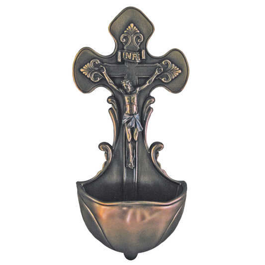 Crucifixion Holy Water Font – 7.5" | Cold-Cast Bronze | Goldscheider Veronese