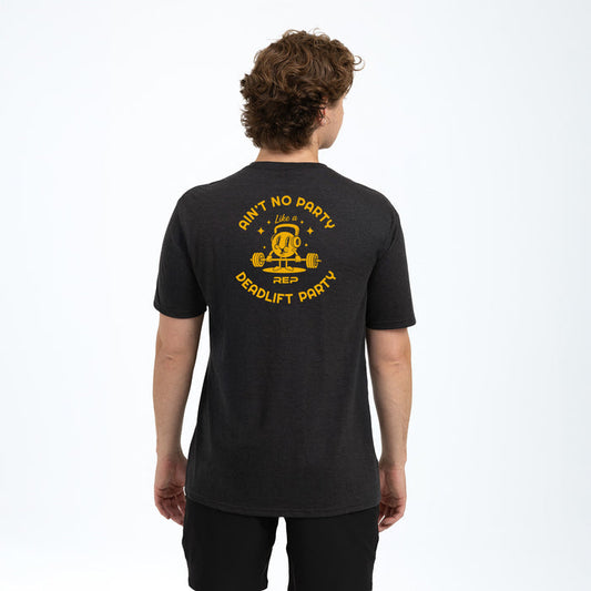 The REP Fitness Deadlift Party Tri-Blend Crew T-Shirt in Heather Black/Gold back