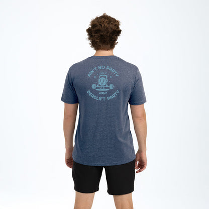The REP Fitness Deadlift Party Tri-Blend Crew T-Shirt in Heather Navy/Blue back