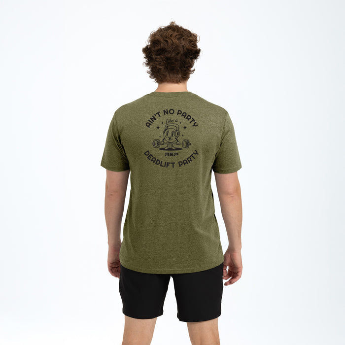 The REP Fitness Deadlift Party Tri-Blend Crew T-Shirt in Heather Olive/Black back