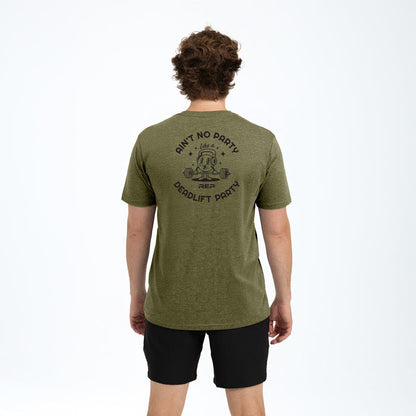The REP Fitness Deadlift Party Tri-Blend Crew T-Shirt in Heather Olive/Black back
