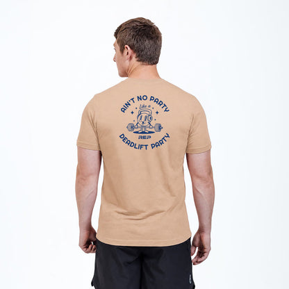 The REP Fitness Deadlift Party Tri-Blend Crew T-Shirt in Heather Peach/Blue back