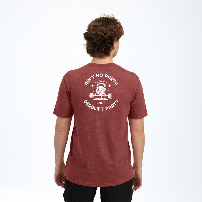 The REP Fitness Deadlift Party Tri-Blend Crew T-Shirt in Heather Russet/White back