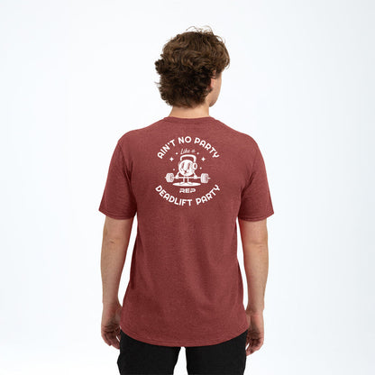 The REP Fitness Deadlift Party Tri-Blend Crew T-Shirt in Heather Russet/White back