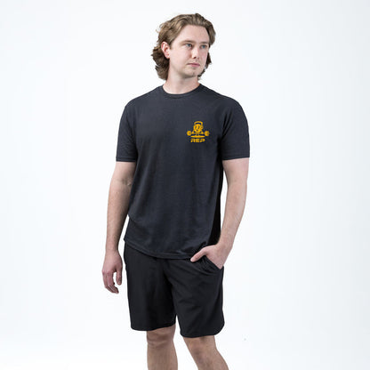 The REP Fitness Deadlift Party Tri-Blend Crew T-Shirt in Heather Black/Gold front