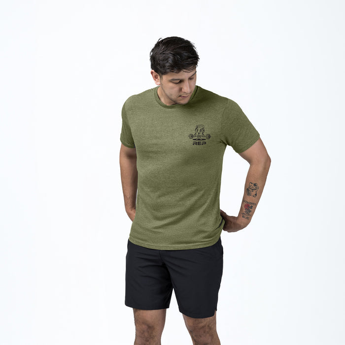 The REP Fitness Deadlift Party Tri-Blend Crew T-Shirt in Heather Olive/Black front