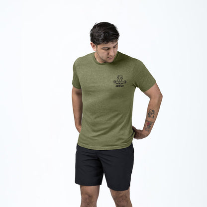 The REP Fitness Deadlift Party Tri-Blend Crew T-Shirt in Heather Olive/Black front