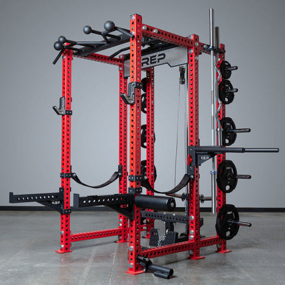 The REP Fitness Dip Station for the 5000 series on a full rack setup