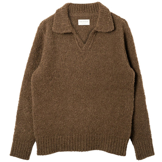 Far Afield Clifford Bouclé Knit Polo Jumper - Brown Boucle