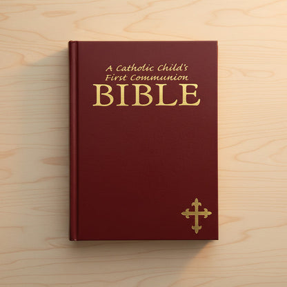 Red Bible for Catholic First Communion on a wooden surface