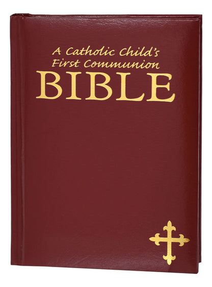 Red Bible for Catholic First Communion on a white background