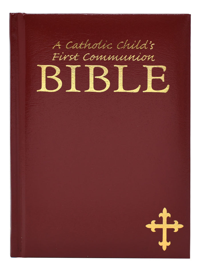 Red Bible for Catholic First Communion on a white background