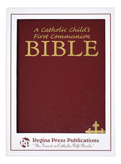 Red Bible for Catholic First Communion on a white background