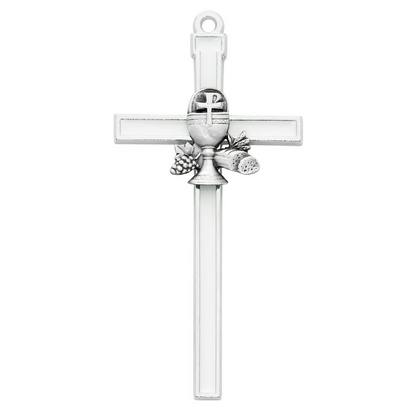 White First Communion gift cross with a pewter chalice emblem on a white background.