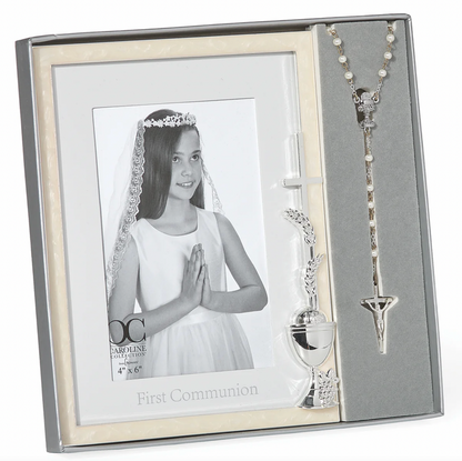 First Communion picture frame for a 4x6 inch size photo with a rosary.