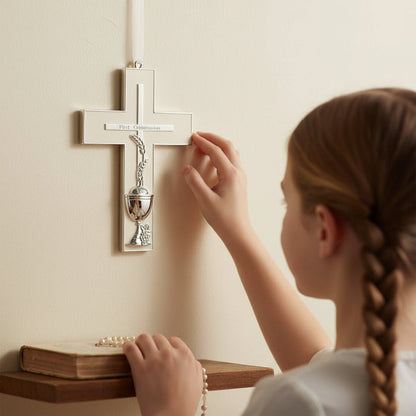 Girl touching a First Communion cross with a chalice on it, hanging on a wall.