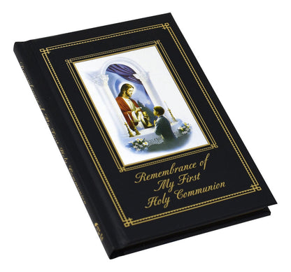 Book titled 'Remembrance of My First Holy Communion' with a religious illustration on a white background