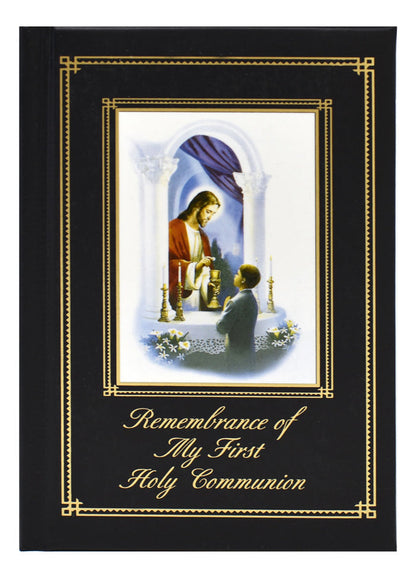 Book titled 'Remembrance of My First Holy Communion' with a religious illustration on a white background