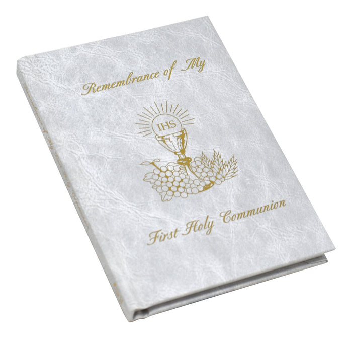 White book titled 'Remembrance of My First Holy Communion' on a white background