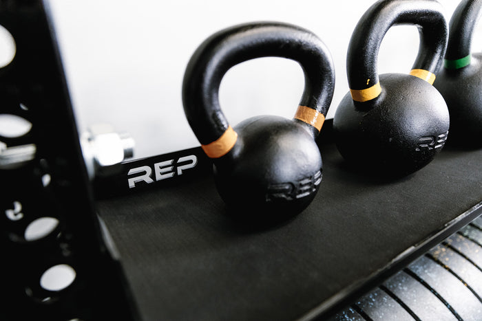 Kettlebell Storage Shelf with REP Kettlebells being stored