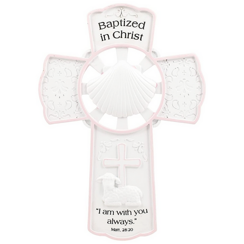 Girl Baptism Wall Cross Pink and White 7.75"H