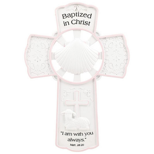 Girl Baptism Wall Cross Pink and White 7.75"H