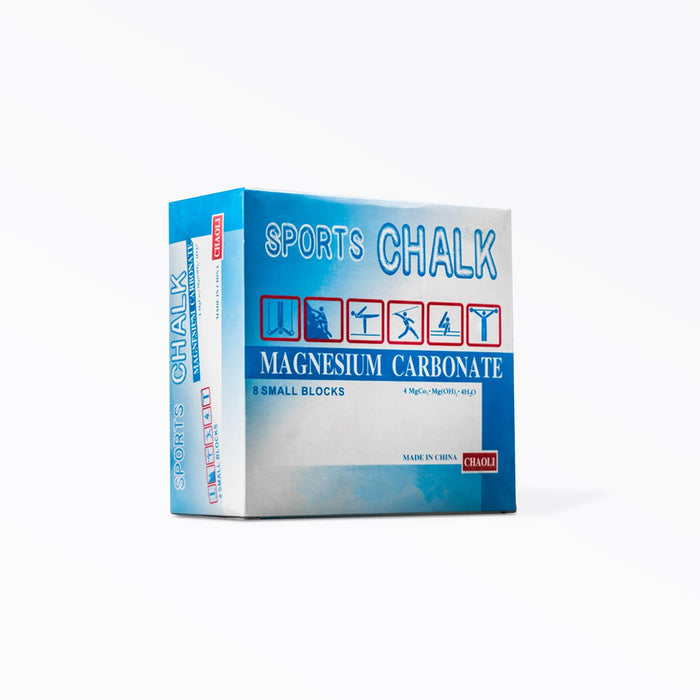 A box containing eight 2oz blocks of magnesium carbonate sports chalk.