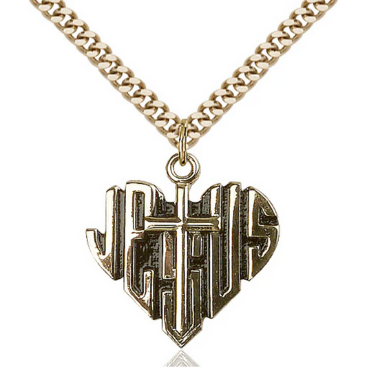 Heart of Jesus Cross Necklace Gold Filled 24"