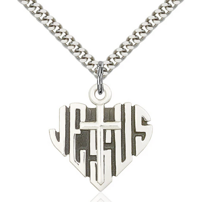 Heart of Jesus Cross Necklace Sterling Silver 24"