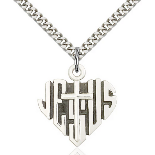 Heart of Jesus Cross Necklace Sterling Silver 24"