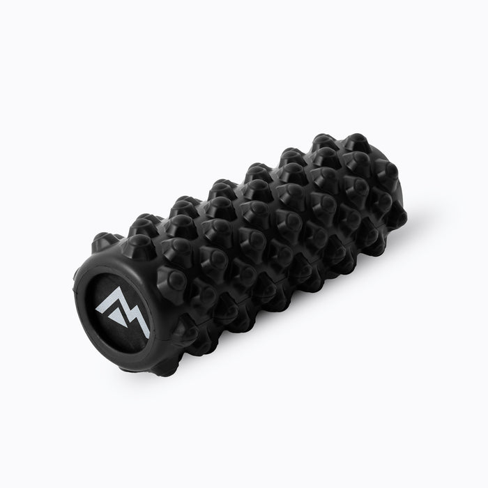 Black textured foam roller with a brand logo on a white background