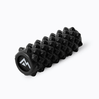 Black textured foam roller with a brand logo on a white background