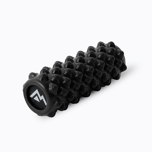 Black textured foam roller with a brand logo on a white background