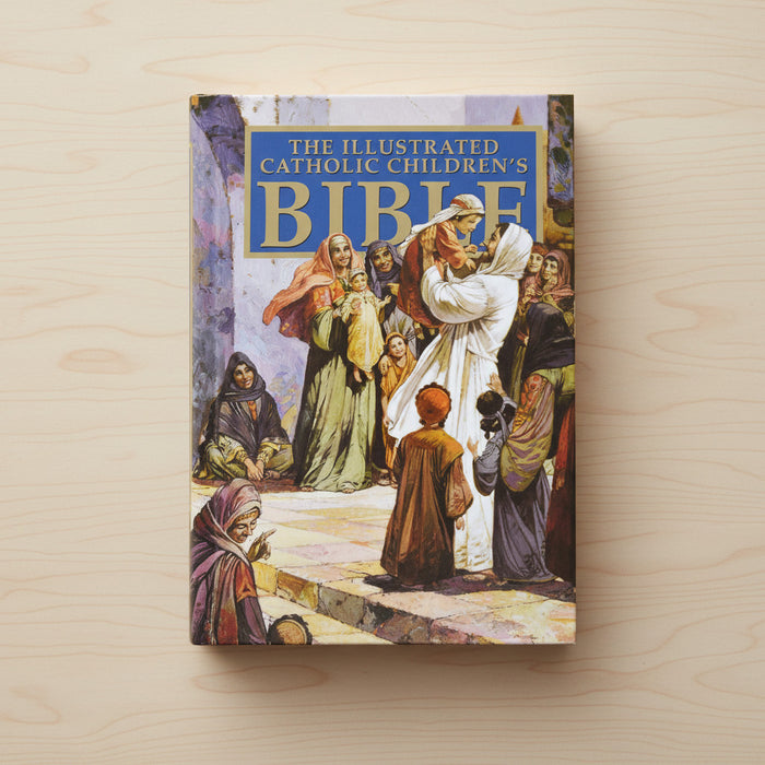 Book titled 'The Illustrated Catholic Children's Bible' on a wooden surface
