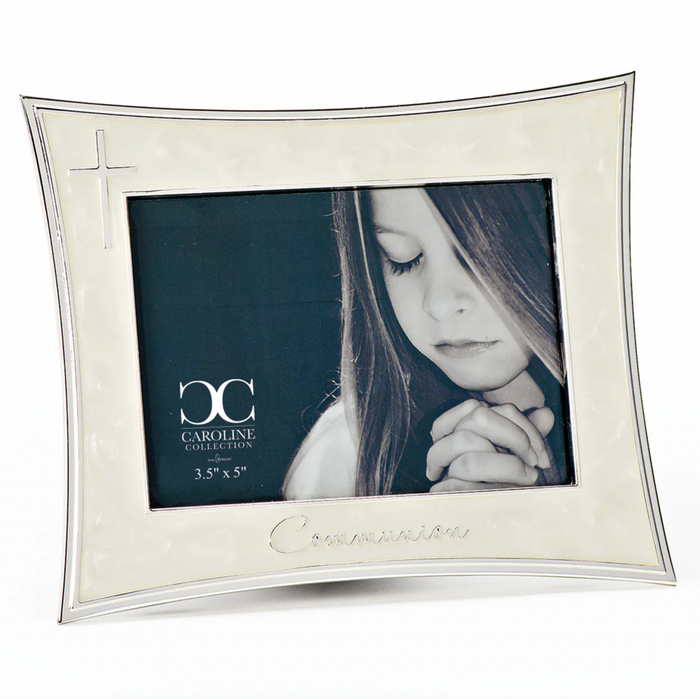 Ivory and silver First Communion picture frame for a 3.5 x 5 inch size photo on a white background.
