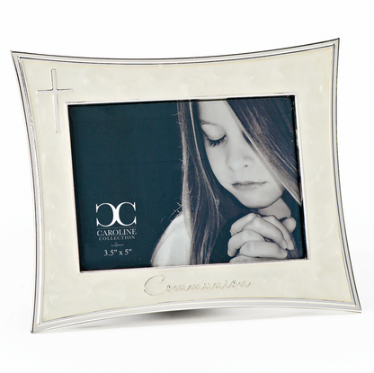 Ivory and silver First Communion picture frame for a 3.5 x 5 inch size photo on a white background.