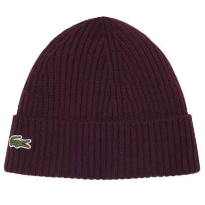 Lacoste Rib Knit Brushed Wool Beanie - Dark Burgundy