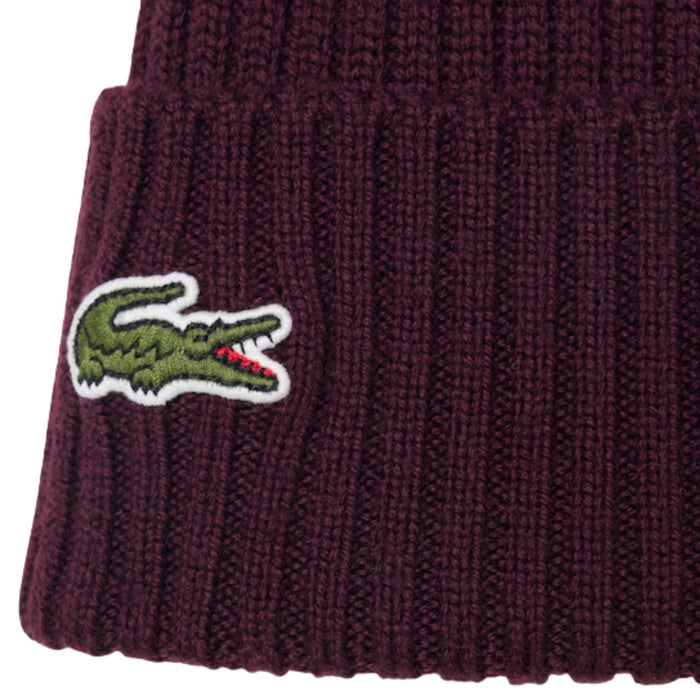 Lacoste Rib Knit Brushed Wool Beanie - Dark Burgundy