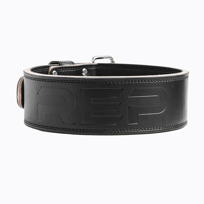 Studio-shot: REP Leather Lifting Belt in Black with stainless-steel hardware and a debossed REP logo on a white background