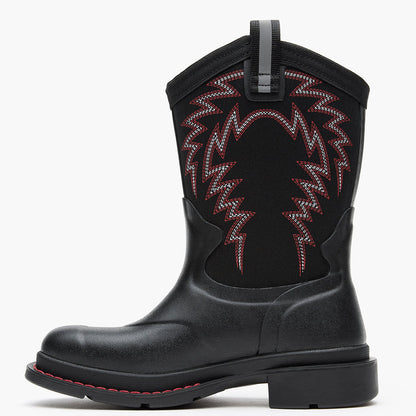 Chore Western Kids Rubber cowboy boot in black with red stitching on a white background