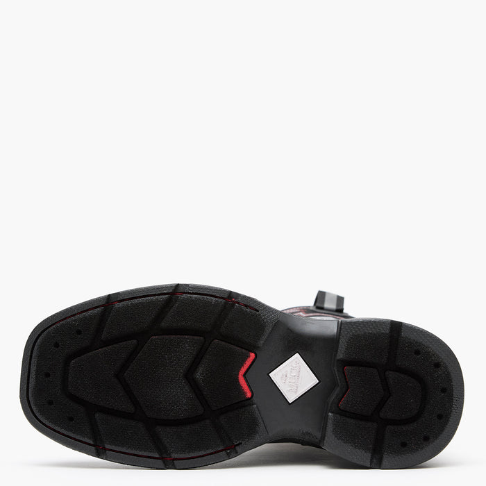 Chore Western Kids Rubber cowboy boot  outsole in black with red stitching on a white background