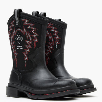 Pair of Chore Western Kids Rubber cowboy boot in black with red stitching on a white background