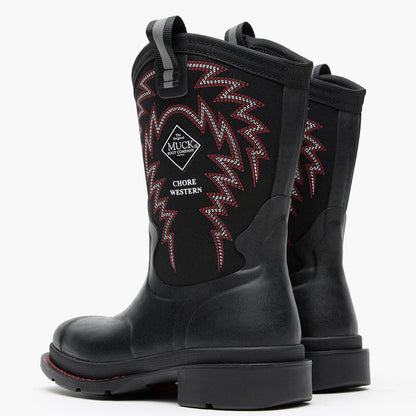 Chore Western Kids Rubber cowboy boot in black with red stitching on a white background
