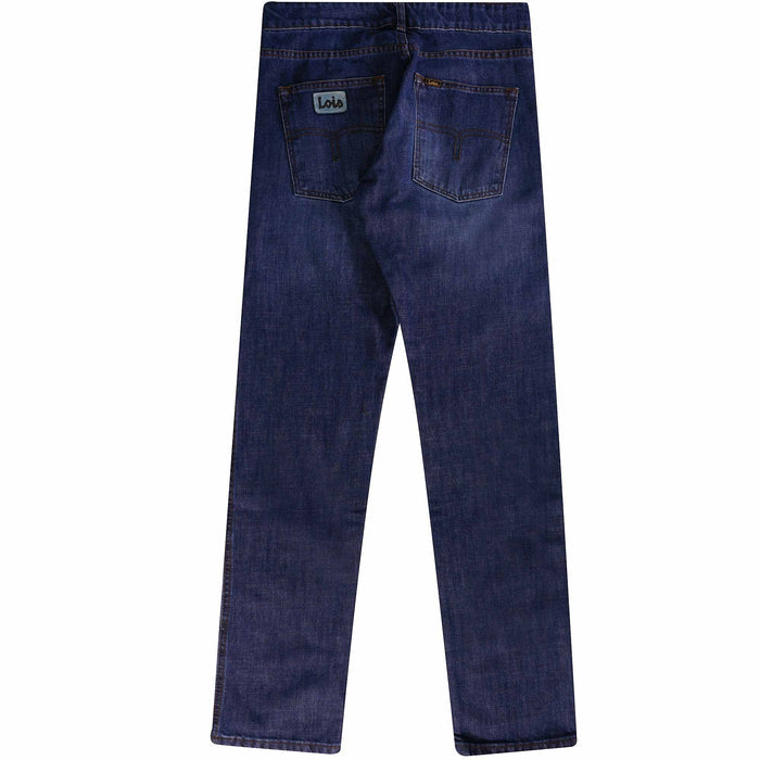 Rear view of men's dark blue jeans, showing both back pockets and the brand label.